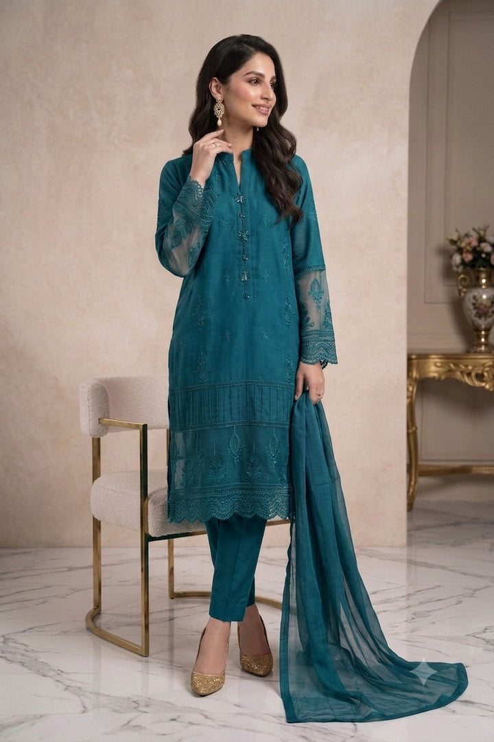 1114D - Teal Embroidered Linen 3 Piece suit