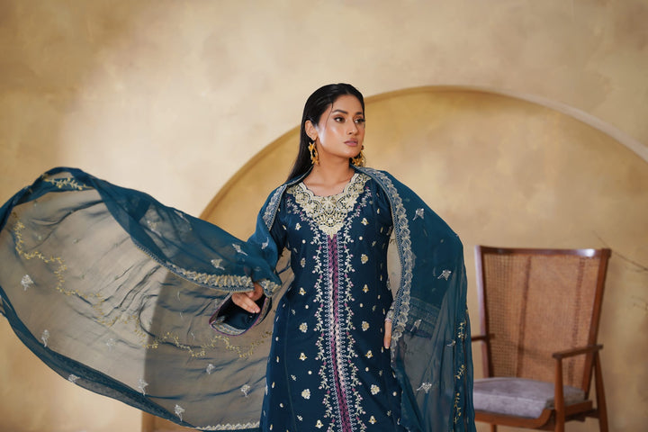 1168A  - Teal Embroidered Linen 3 Piece suit