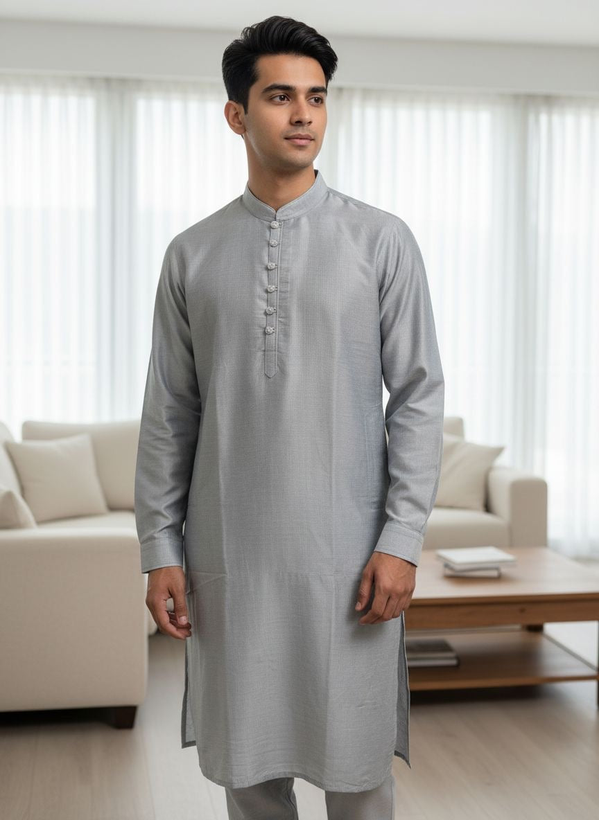 CK603G- Grey cotton satin kameez set for Men & Boy