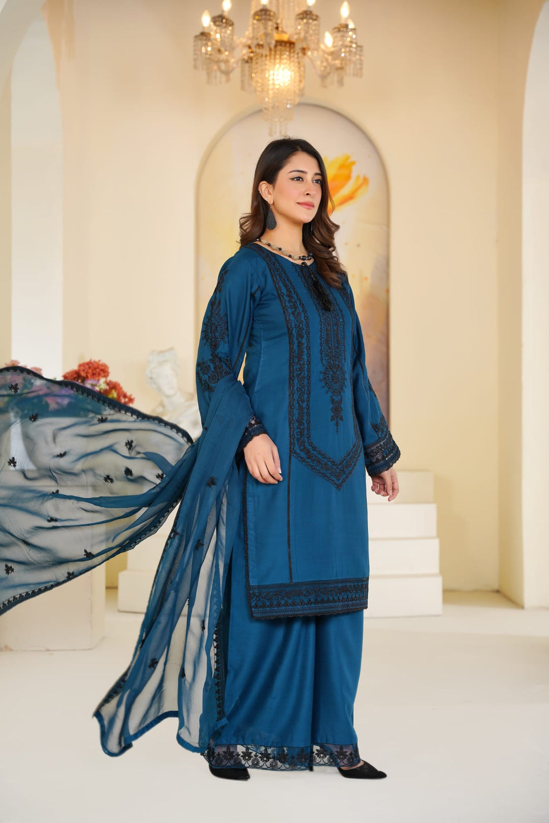 1171B - TEAL BLUE LINEN EMBROIDERED 3 PIECE SUIT
