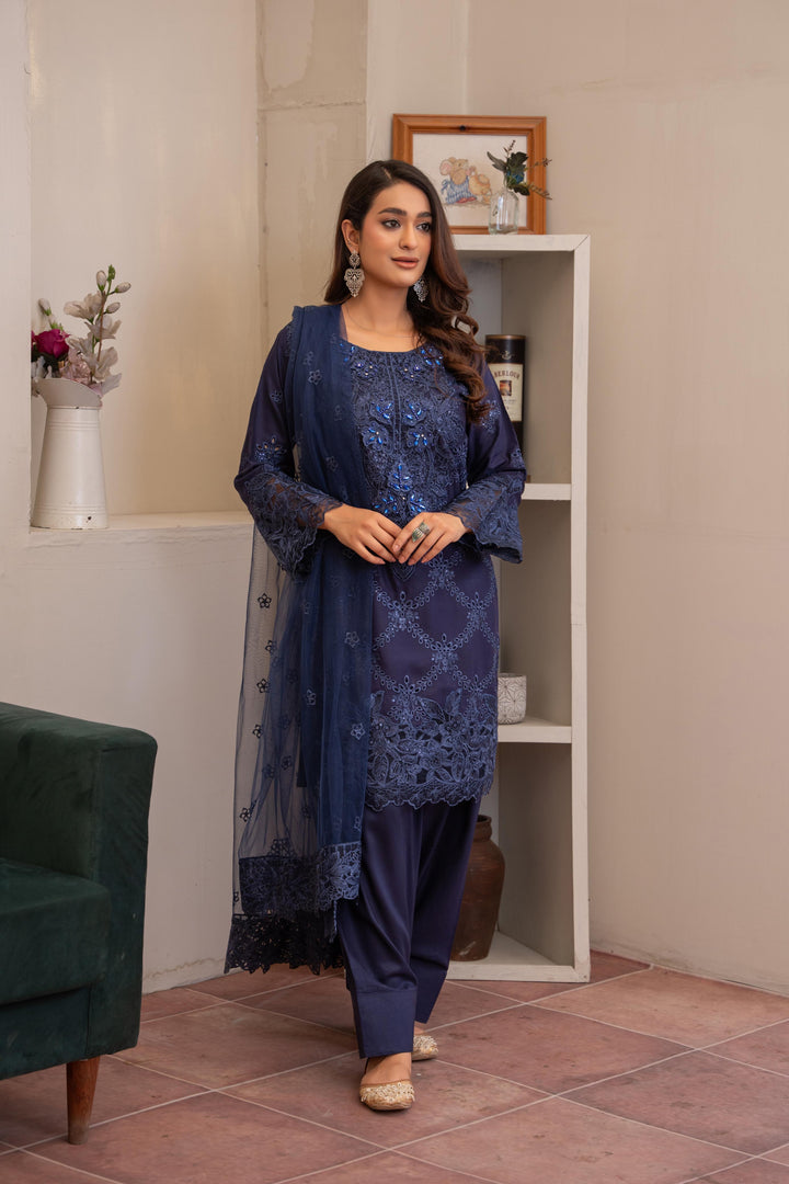 74L - Maria b inspired Blue Farshi Shalwar Embroidered Linen suit