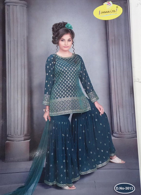 Girls Green Embroidered Sharara suit 3 piece k623b