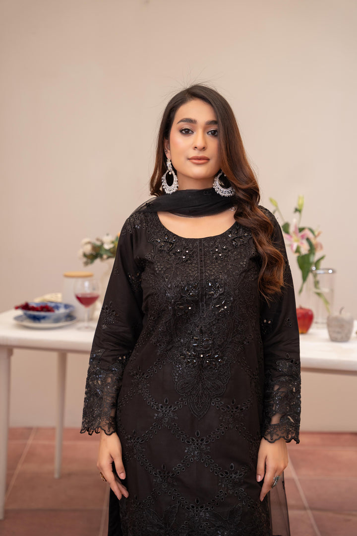 74K - Maria b inspired Black Farshi Shalwar Embroidered Linen suit