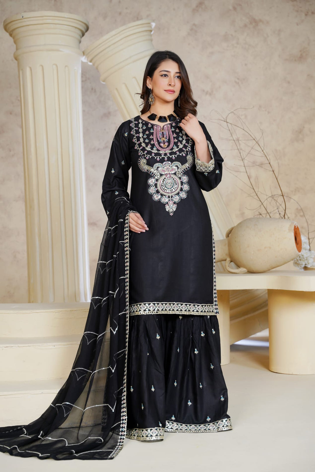 1162A - Black Embroidered Linen 3 Piece Sharara suit