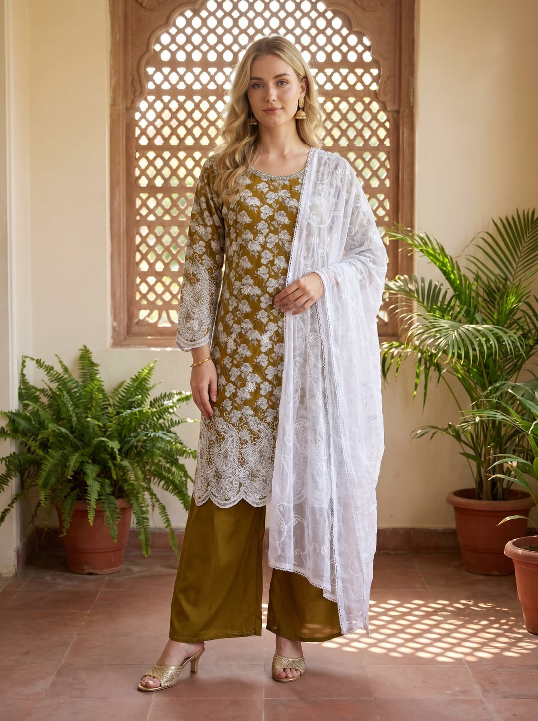 LK02 - OLIVE EMBROIDERED LAWN PRINT 3 PIECE SUIT