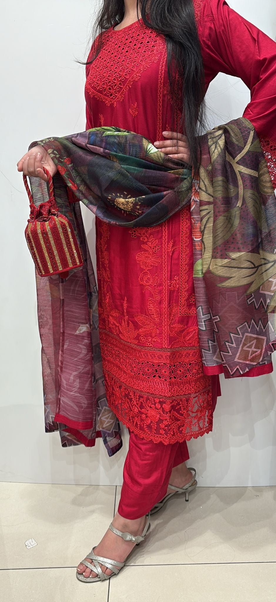 LP07C - RED EMBROIDERED LINEN 3 PIECE SUIT