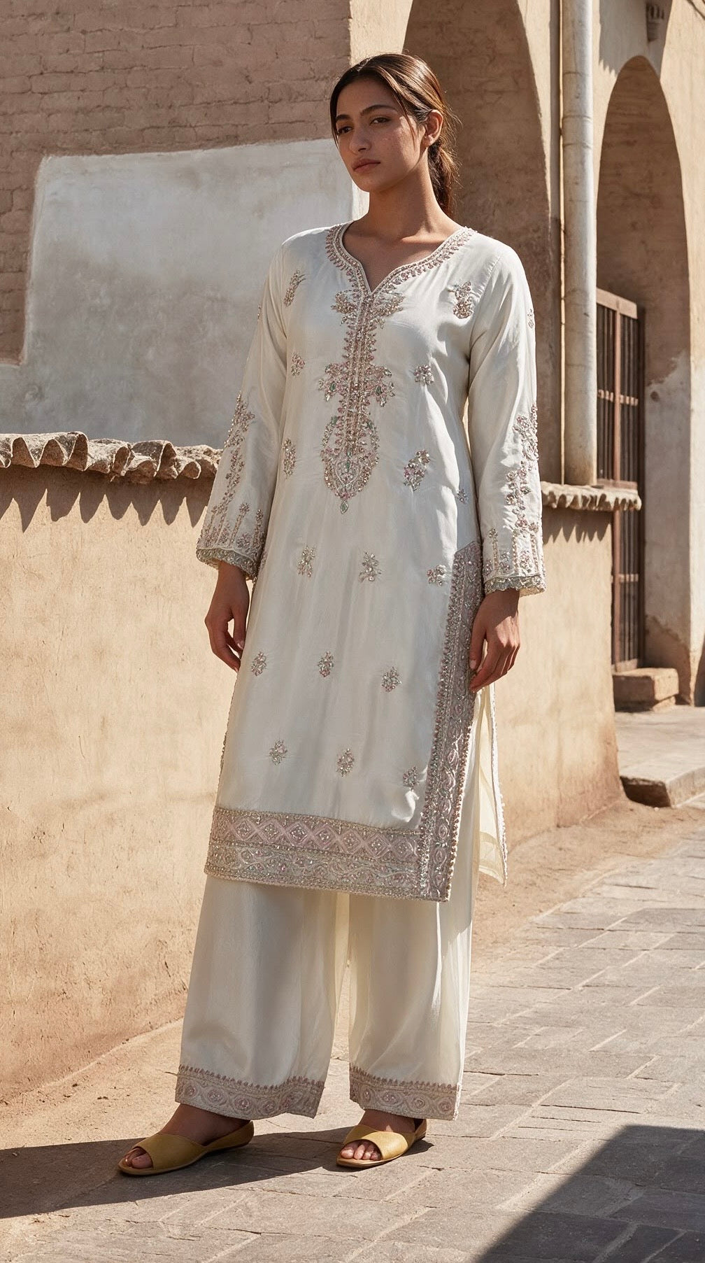 2005A - Ivory Viscose Silk Adda Hand Work Pakistani Suit - East meets west clothing 