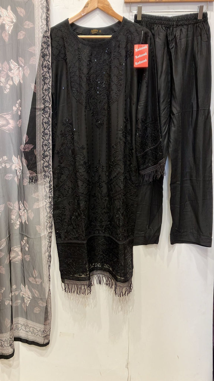 1183B - Black Embroidered linen 3 piece suit