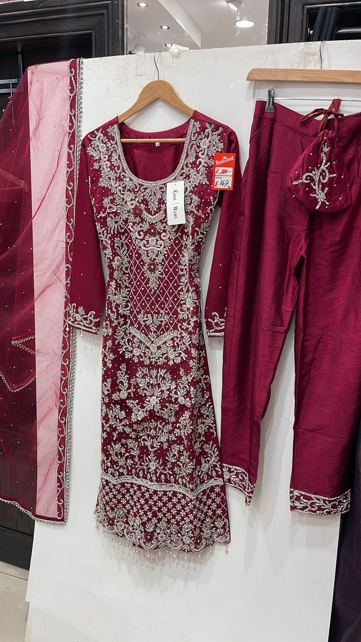 151C  - PLUM EMBROIDERED & EMBELLISHED NET SUIT