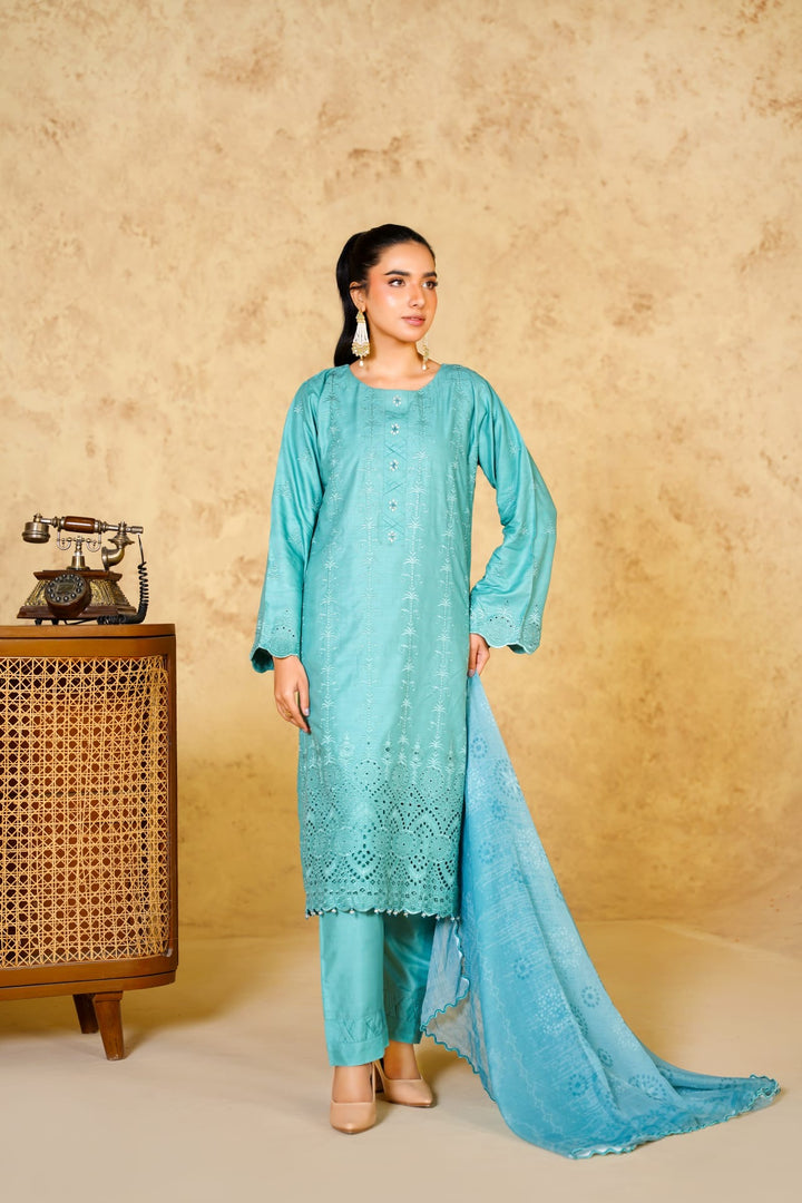 1167A - LIGHT BLUE LINEN CHIKANKARI 3 PIECE SUIT