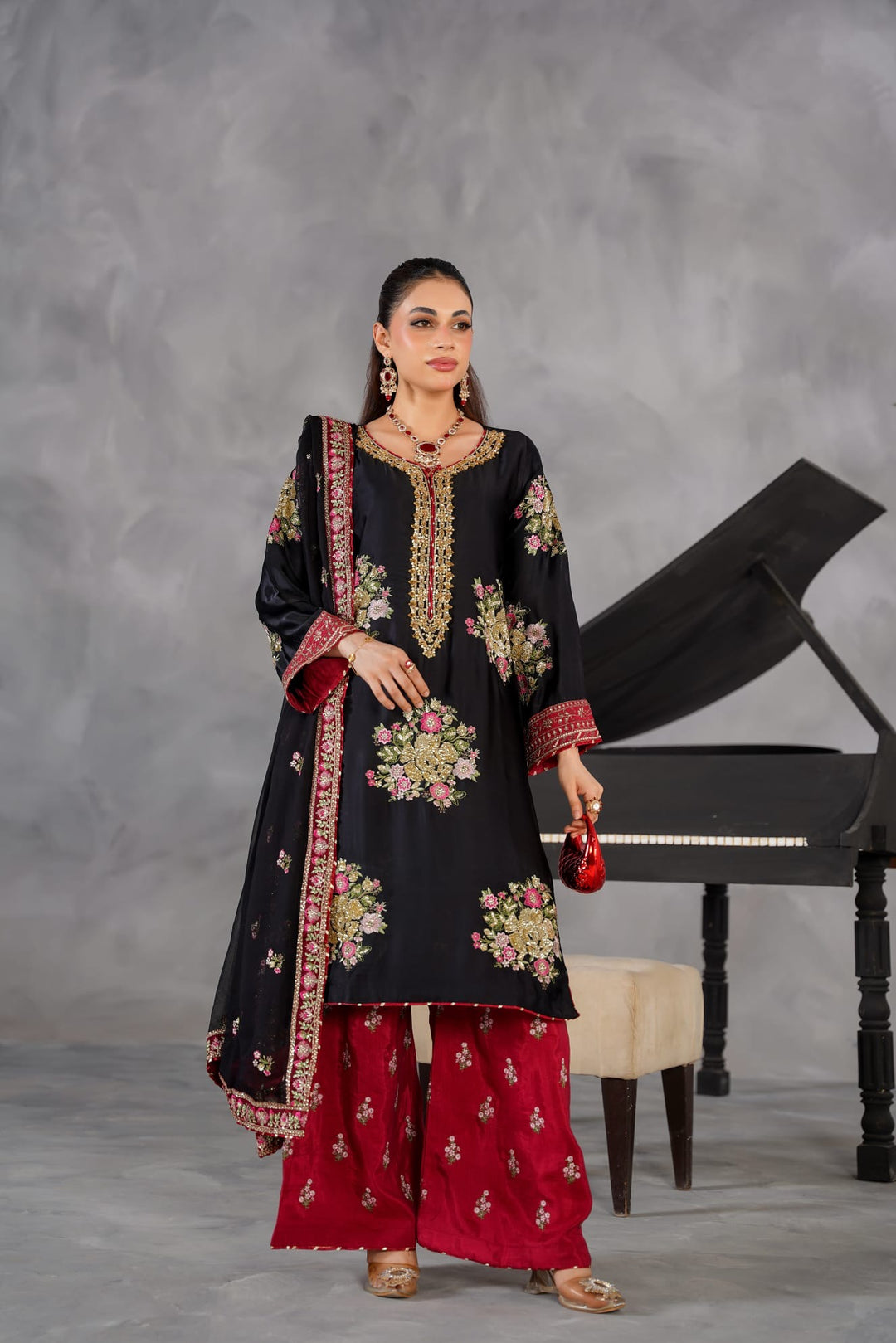 335C- Black/Red Embroidered Shamoz Silk 3 Piece Suit