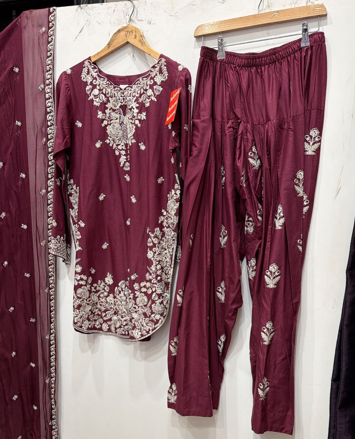 1128C - Plum Viscose Shirt with Farshi Shalwar & Chiffon Dupatta