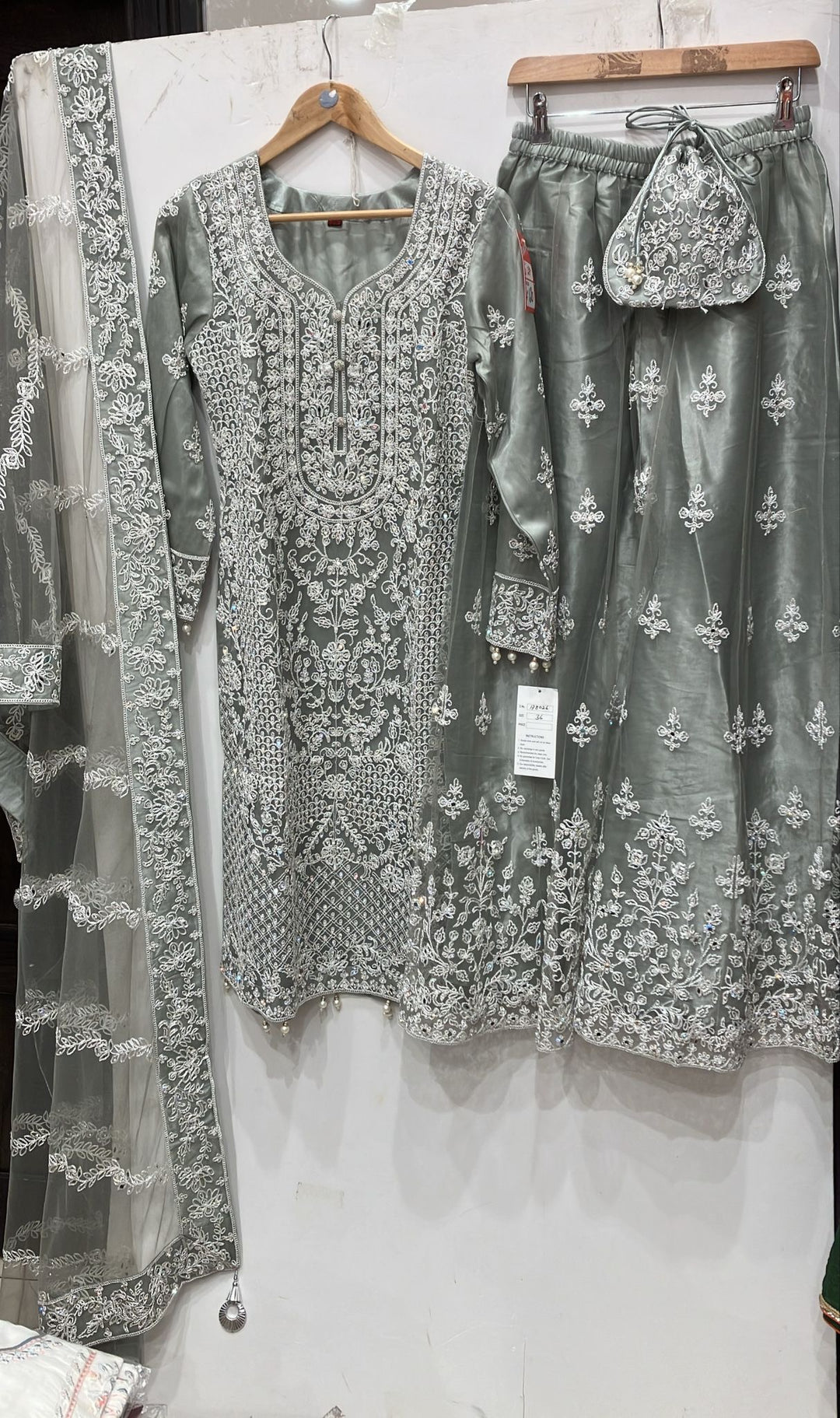 178C - GREY EMBROIDERED & EMBELLISHED NET SUIT