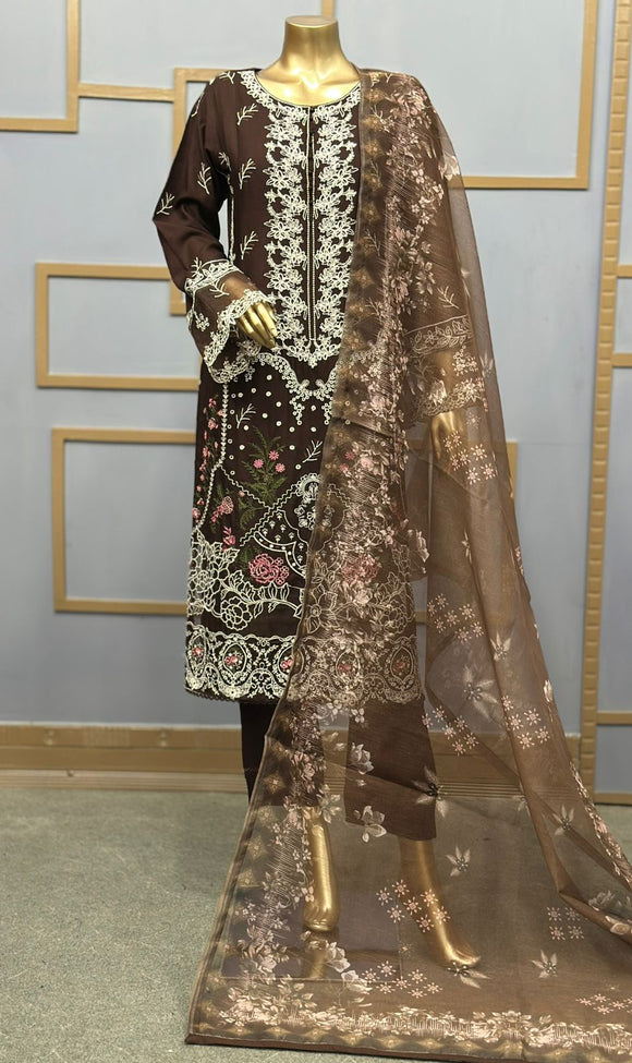 BROWN EMBROIDERED LINEN 3 PIECE SUIT 062A