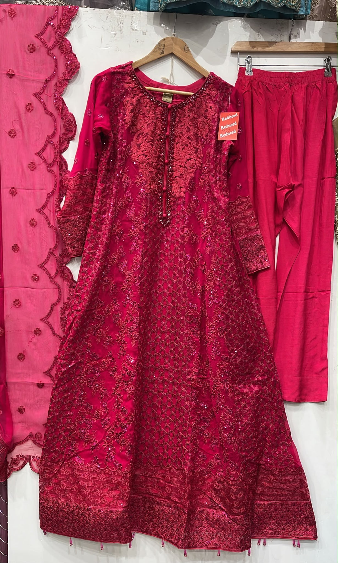 1915A - FUCHSIA PINK CHIFFON EMBROIDERED LONG DRESS - East meets west clothing 