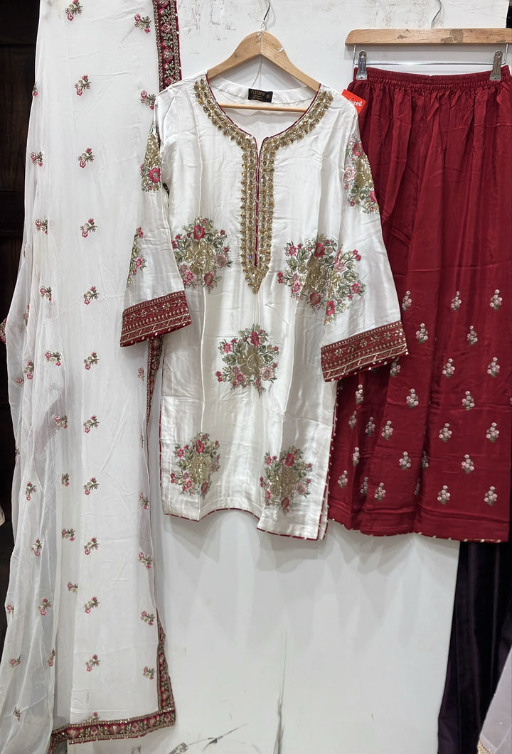 335D- White/Red Embroidered Shamoz Silk 3 Piece Suit - East meets west clothing 