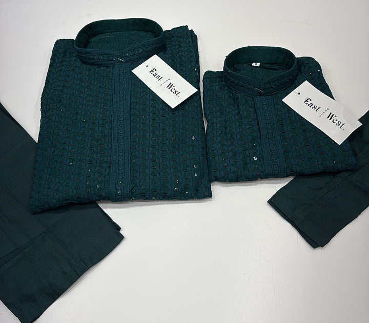 CK709 - Green Cotton Chikankari Set for Boys and Men
