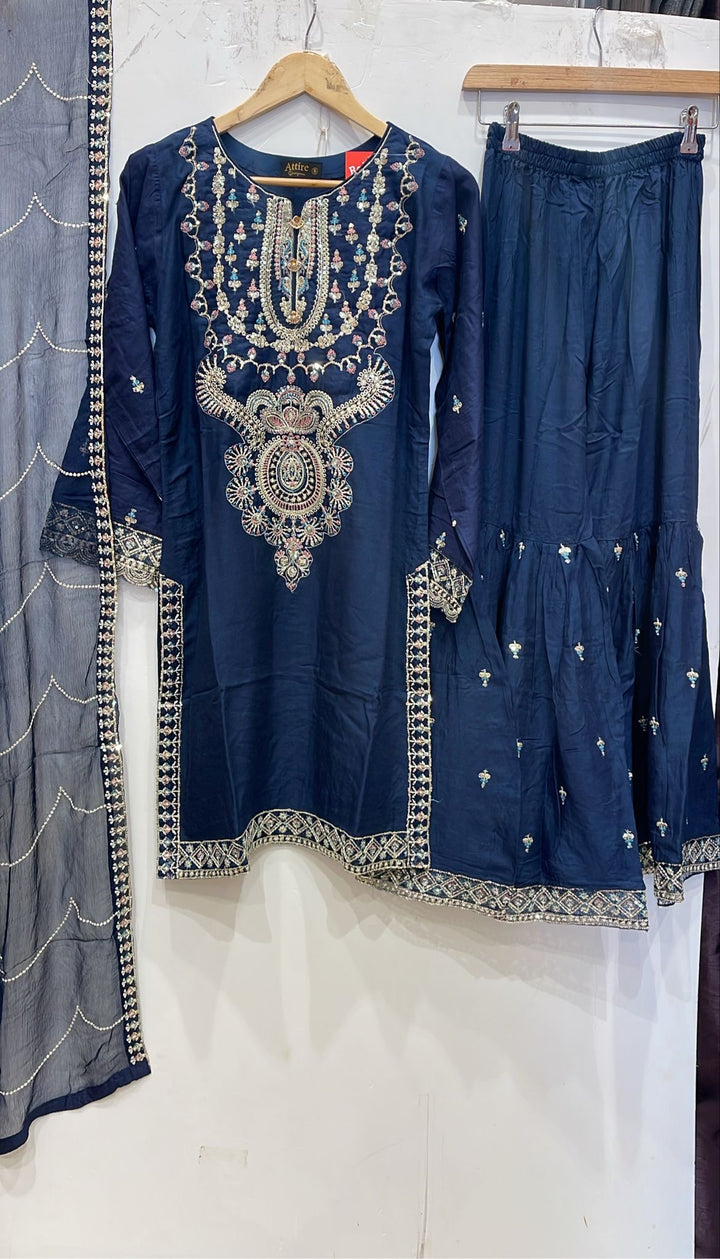 1162F - Blue Embroidered Linen 3 Piece Sharara suit