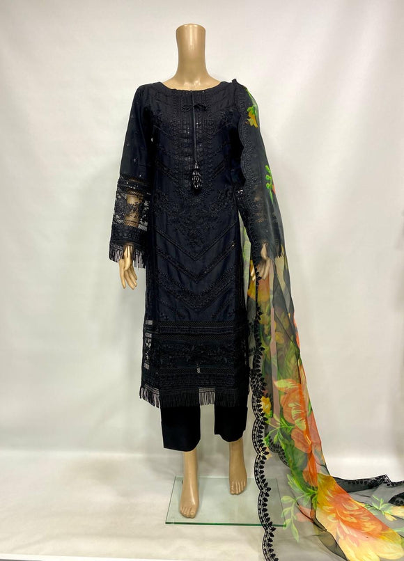 BLACK EMBROIDERED LINEN 3 PIECE SUIT 68C