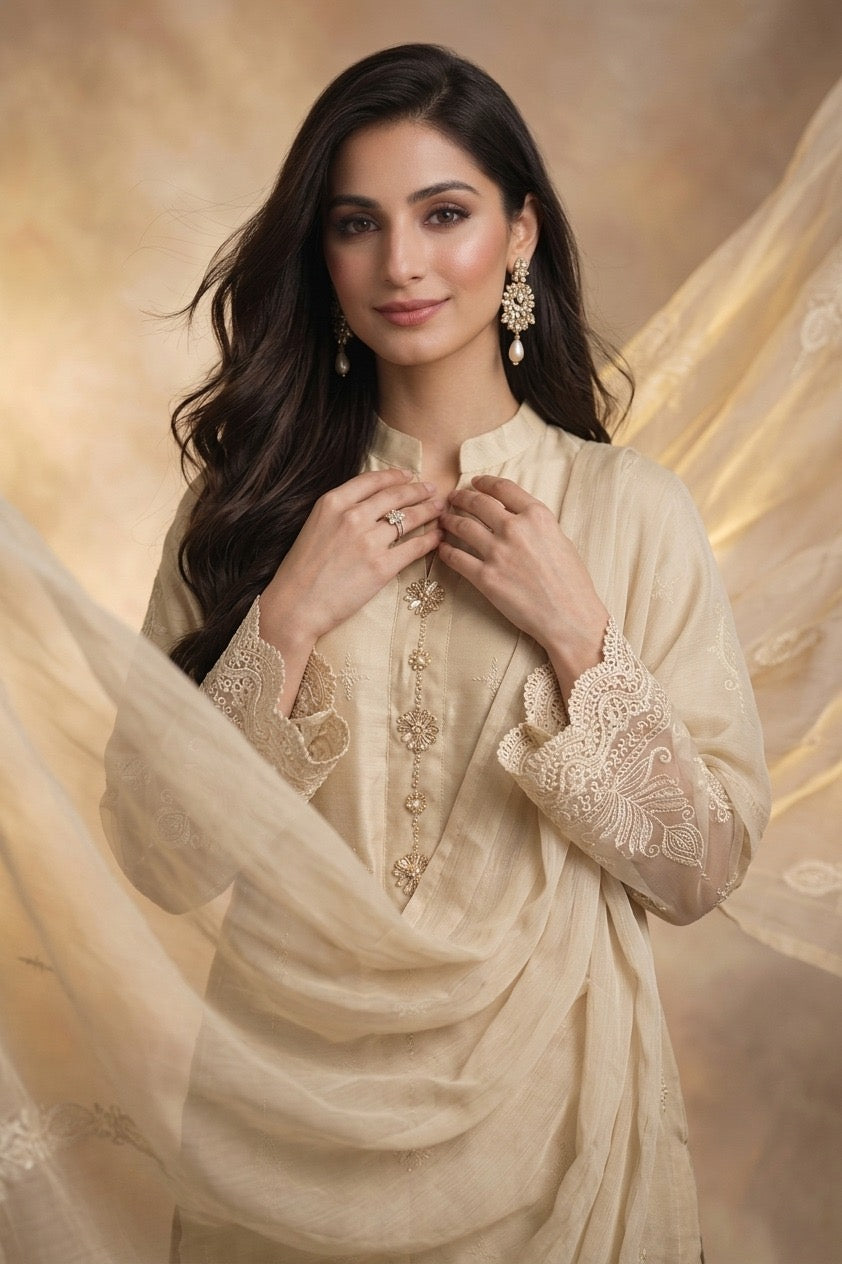 1114G - Light Beige Embroidered Linen 3 Piece suit