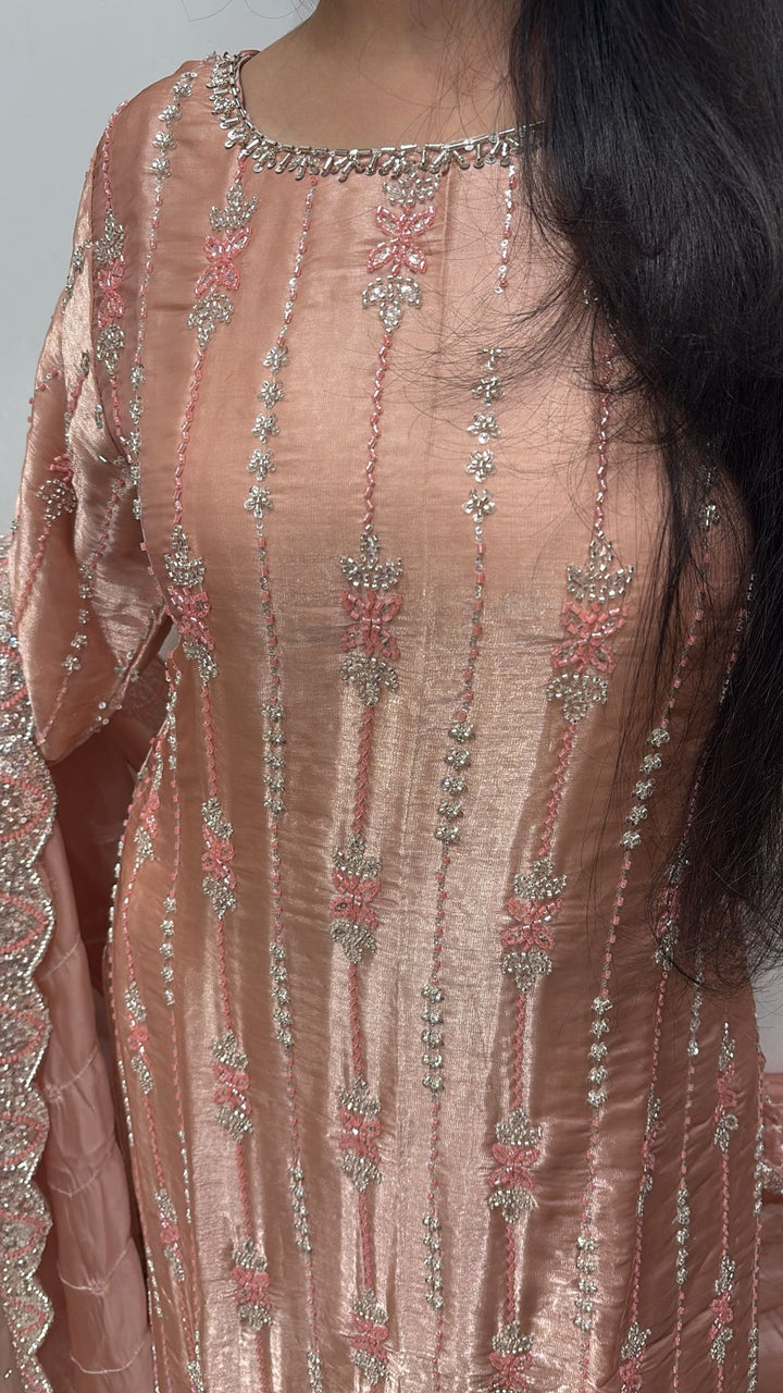 390A - PEACH EMBROIDERED & EMBELLISHED SILK SUIT
