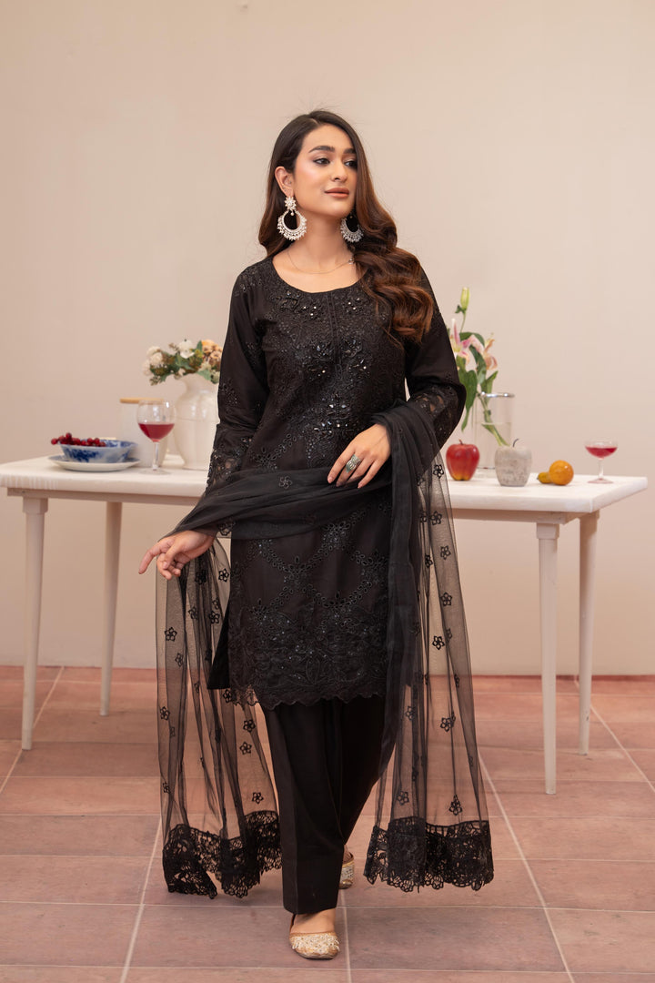 74K - Maria b inspired Black Farshi Shalwar Embroidered Linen suit