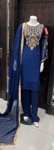 BLUE EMBROIDERED CHIFFON 3 PIECE SUIT 384A