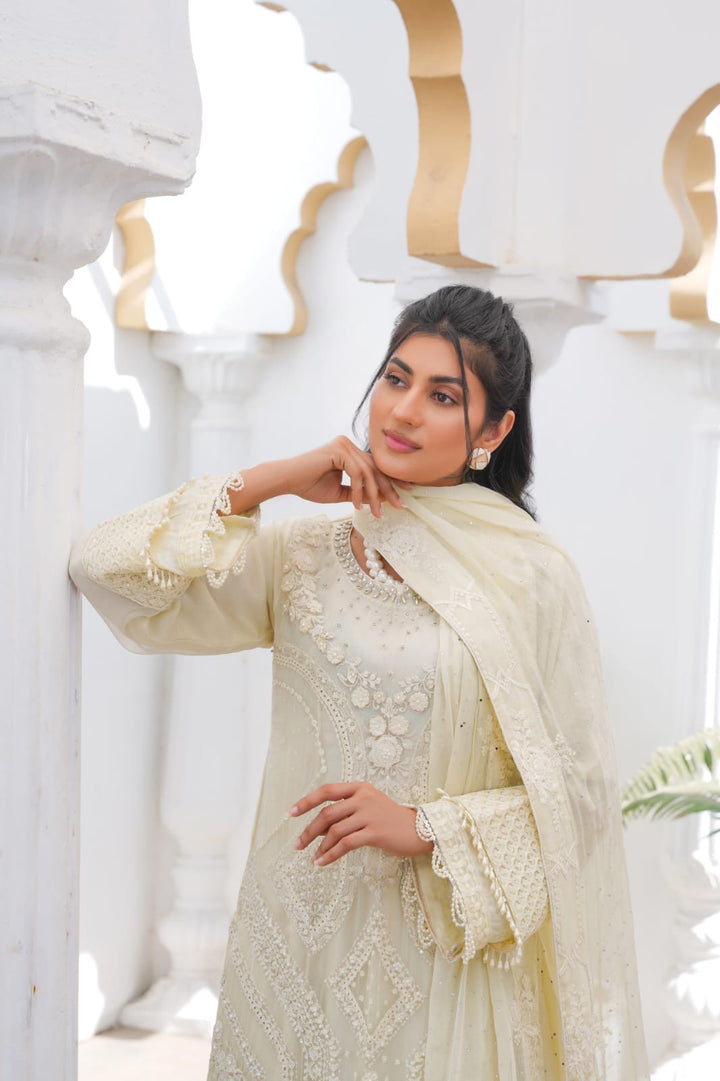 356A - Maria b inspired off-white Embroidered chiffon suit