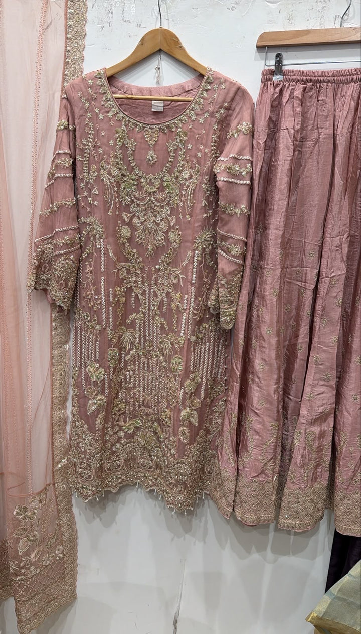 380B Dusty Pink Embroidered Chiffon 3 Piece Sharara Suit - East meets west clothing 