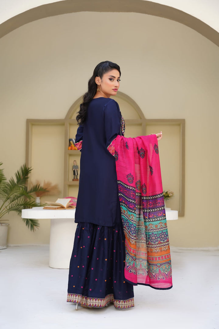 1169A - Blue Embroidered Linen Cotton 3 Piece Gharara suit