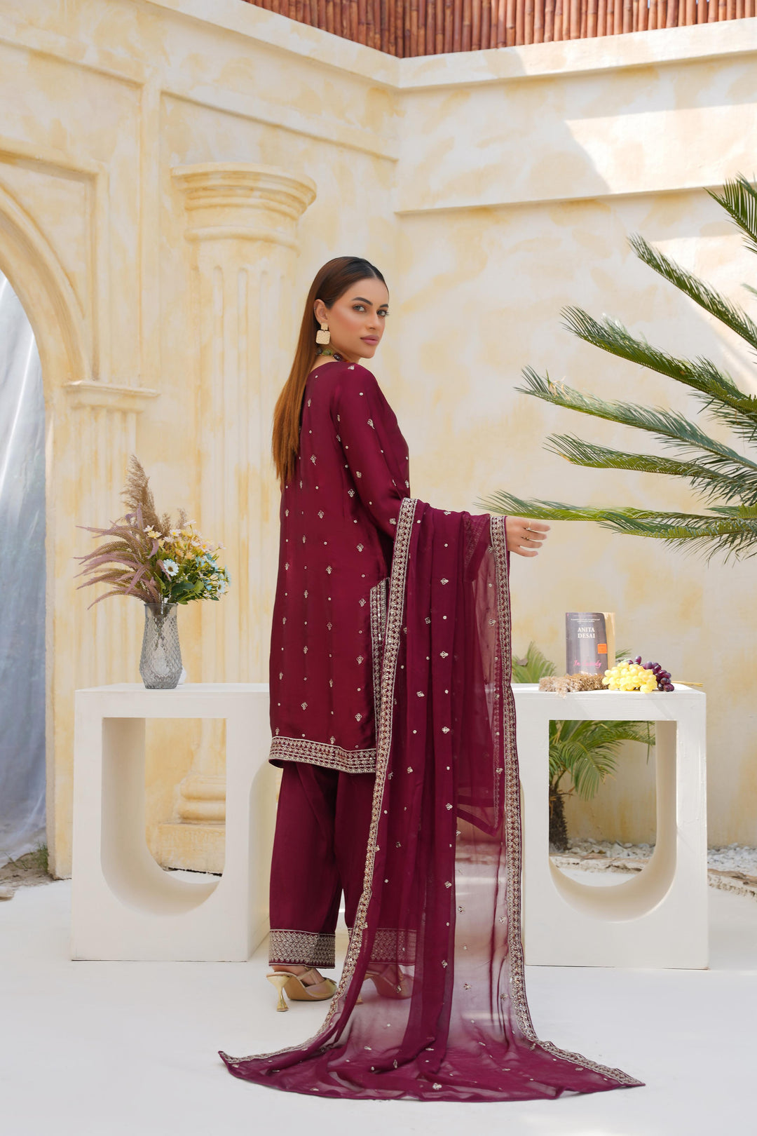 FN02 - Farshi Shalwar Maroon Silk Embroidered Suit