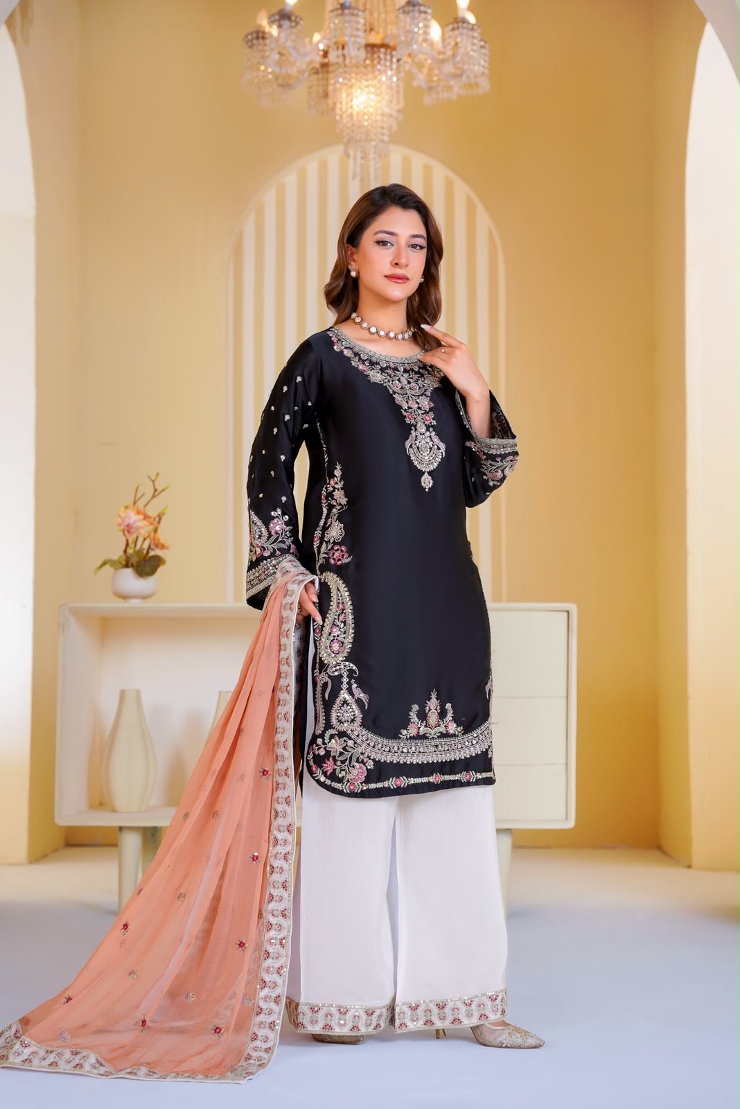 337B- Embroidered Shamoz Silk 3 Piece Suit