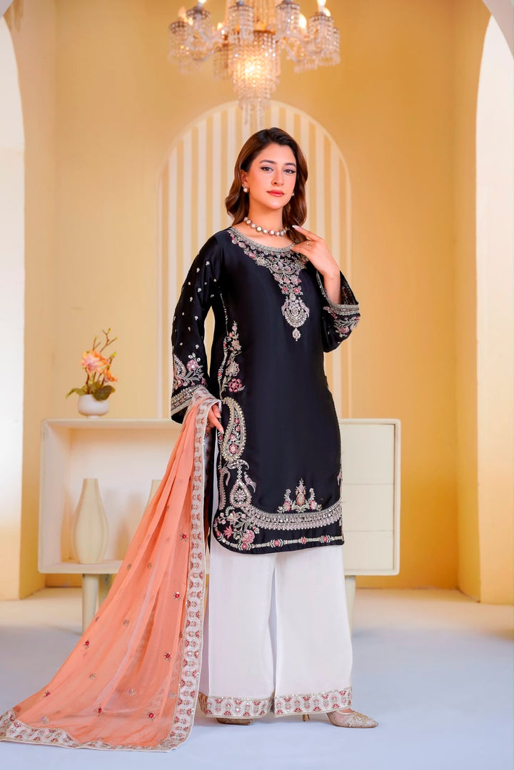 337B- Embroidered Shamoz Silk 3 Piece Suit