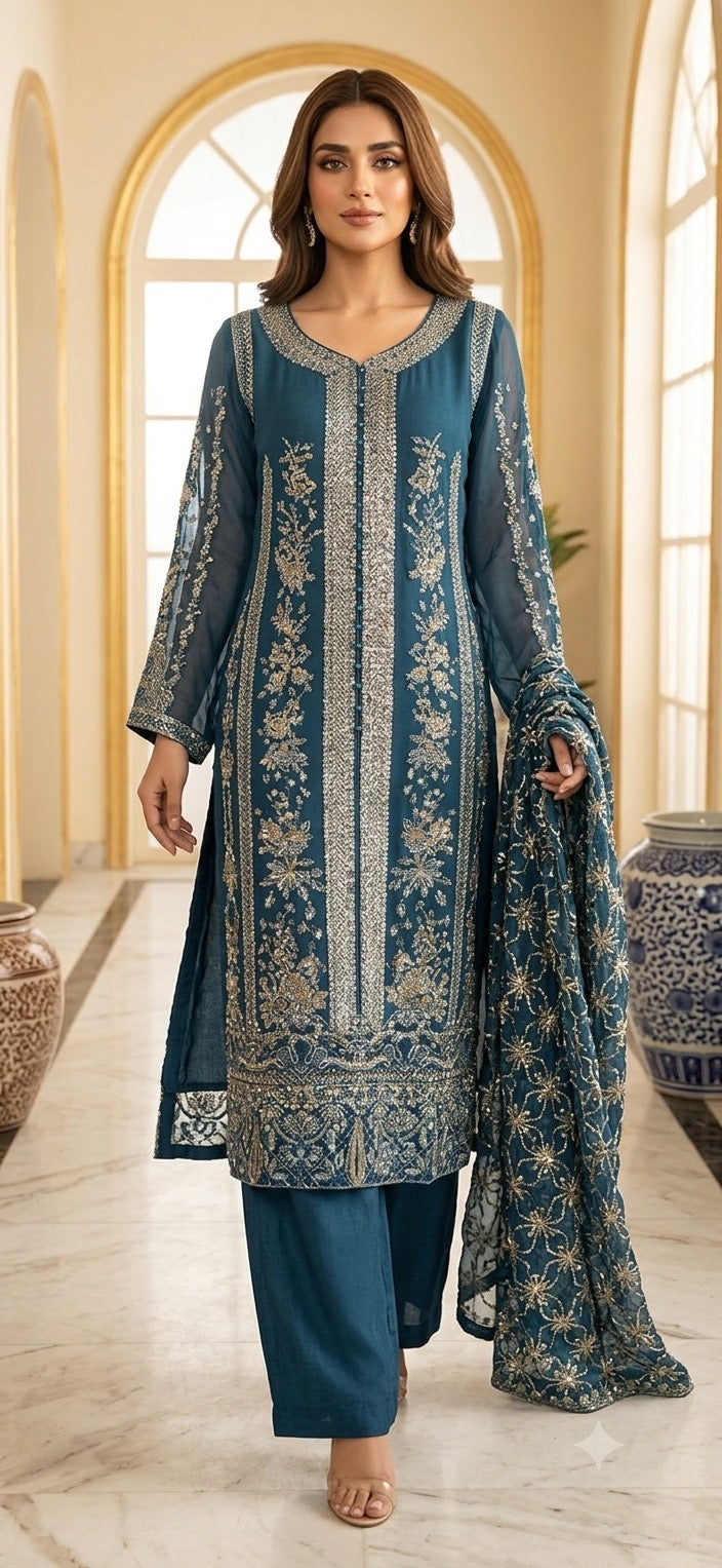 317C - TEAL EMBROIDERED CHIFFON 3 PIECE SUIT