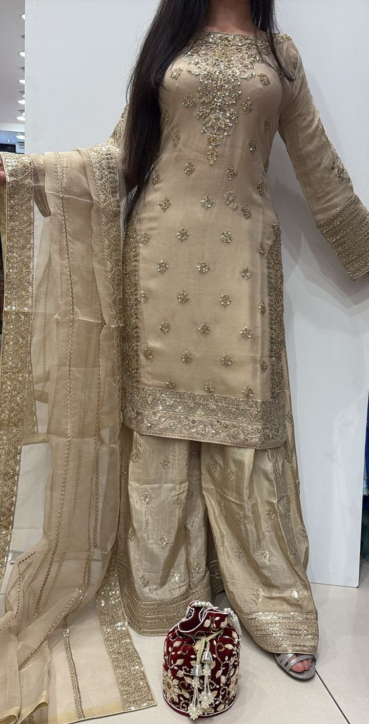 363C- BEIGE GOLD CHIFFON EMBROIDERED 3 PIECE SUIT