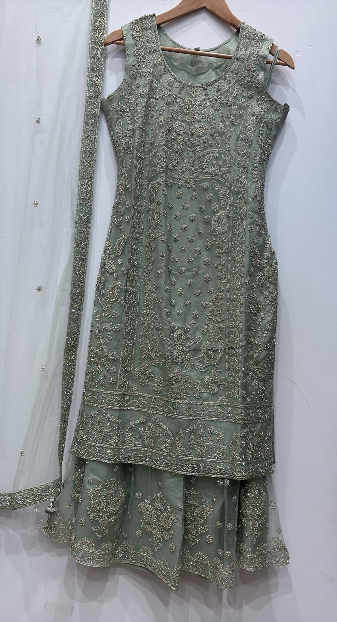 7001A- LIGHT GREEN EMBROIDERED & EMBELLISHED SHARARA SUIT