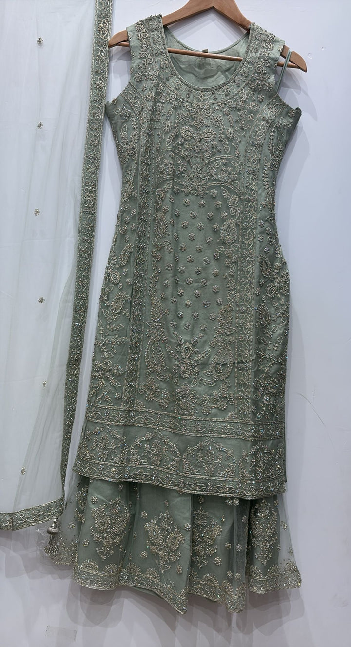 7001A- LIGHT GREEN EMBROIDERED & EMBELLISHED SHARARA SUIT
