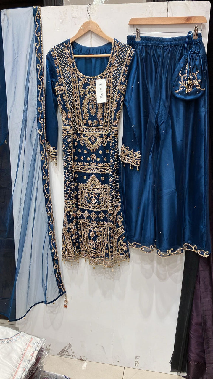 218A- BLUE EMBROIDERED & EMBELLISHED NET SUIT
