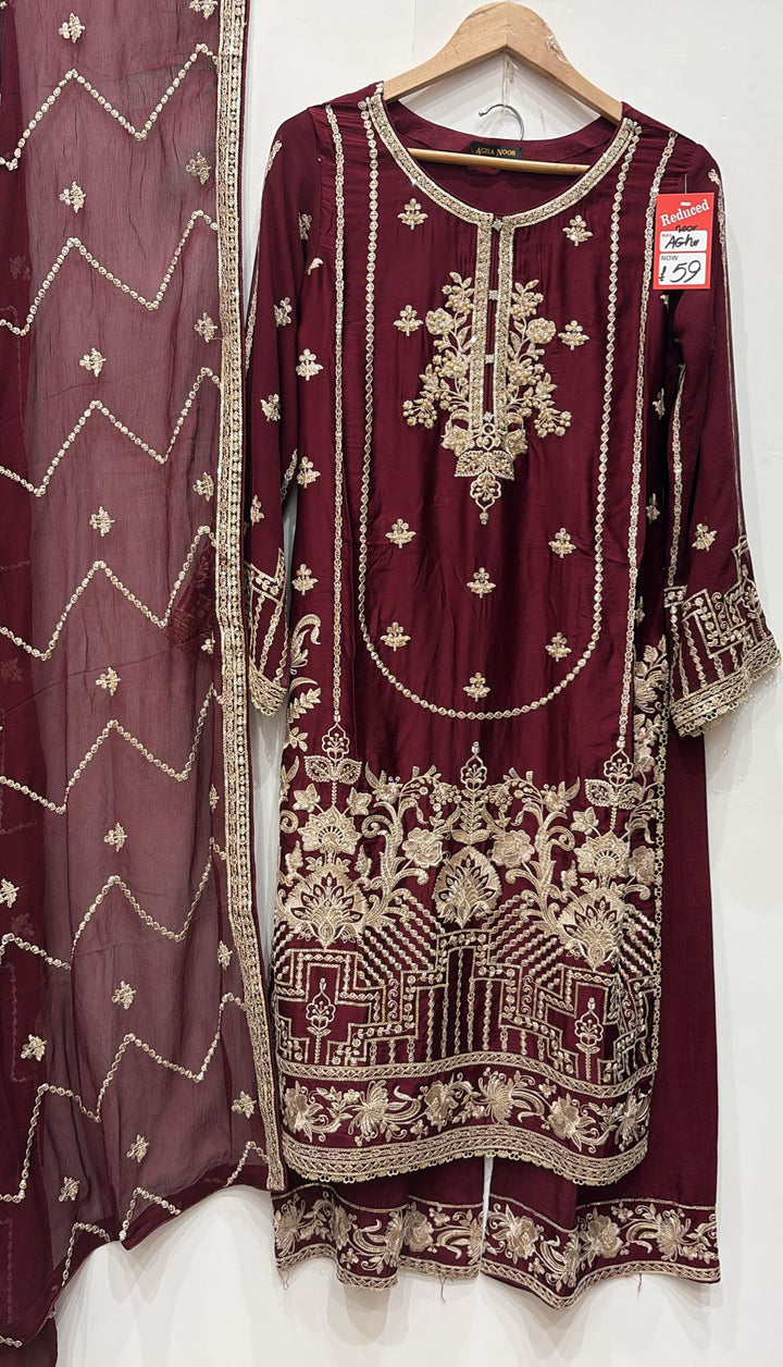 MAROON EMBROIDERED SILK 3 PIECE SUIT AG15c