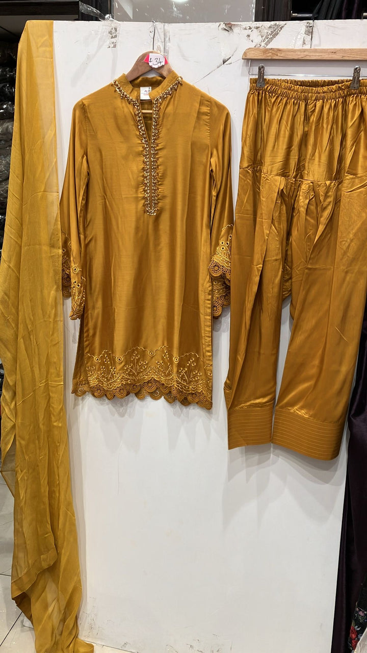 1116T - Mustard Viscose Silk Shirt with Farshi Shalwar & Chiffon Dupatta