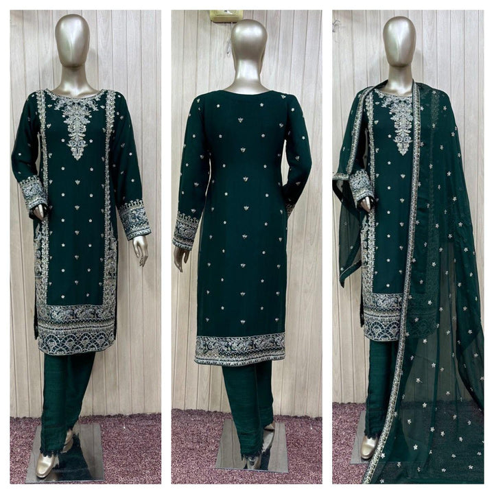 1102D- GREEN EMBROIDERED CHIFFON 3 PIECE SUIT