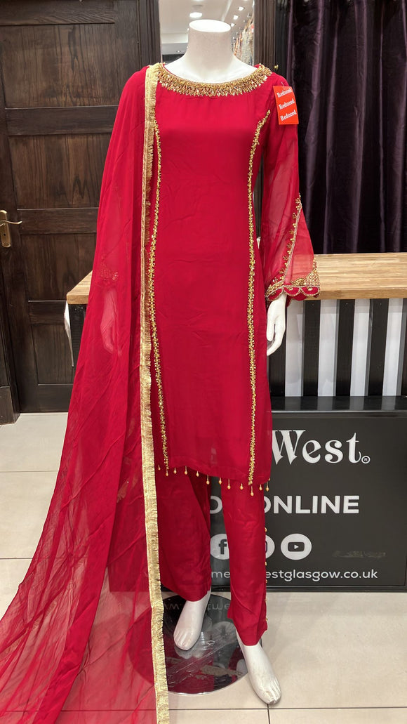 RED CHIFFON 3 PIECE SUIT HAND EMBROIDERED 432B