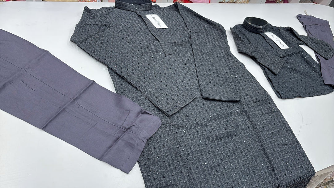 CK703 - Grey Cotton Chikankari Set for Boys and Men