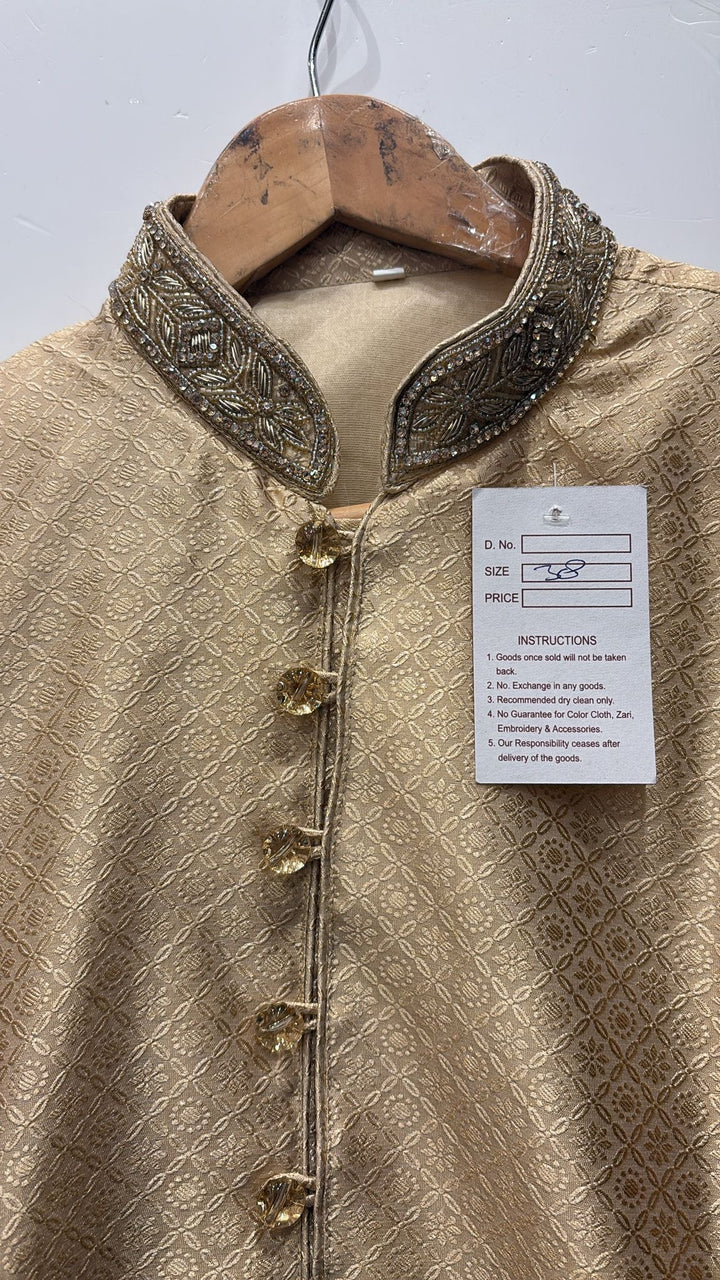 MSJ05 - Dark Beige Gold Embroidered Jacquard Silk Kurta Trousers Set Men and Boys