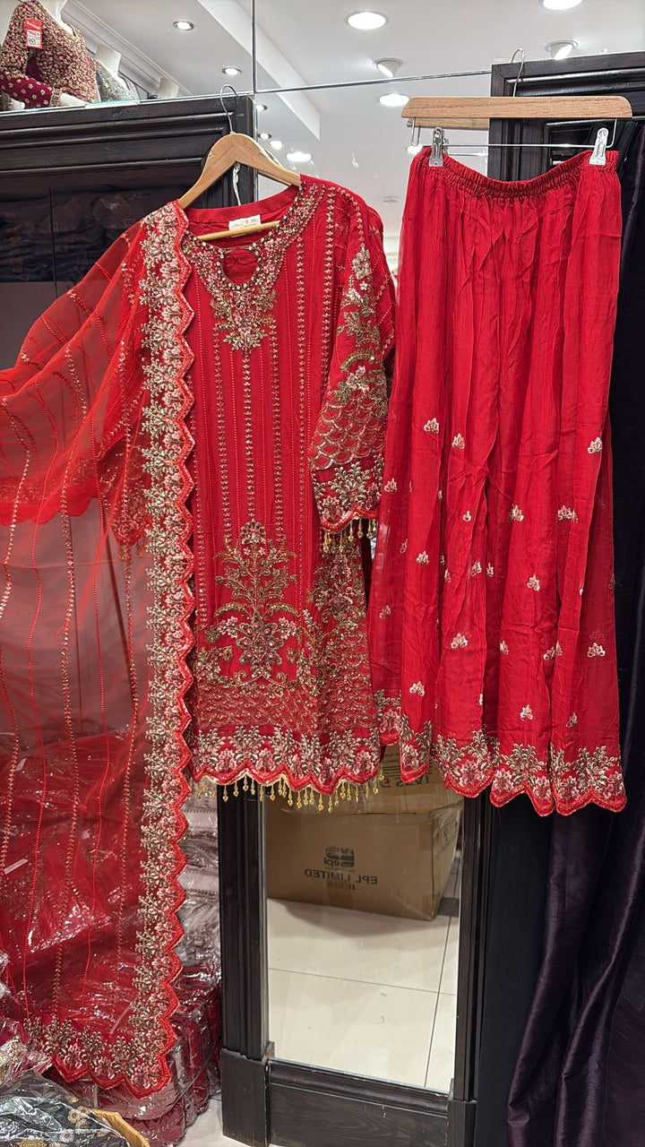 334B - RED CHIFFON EMBROIDERED SUIT