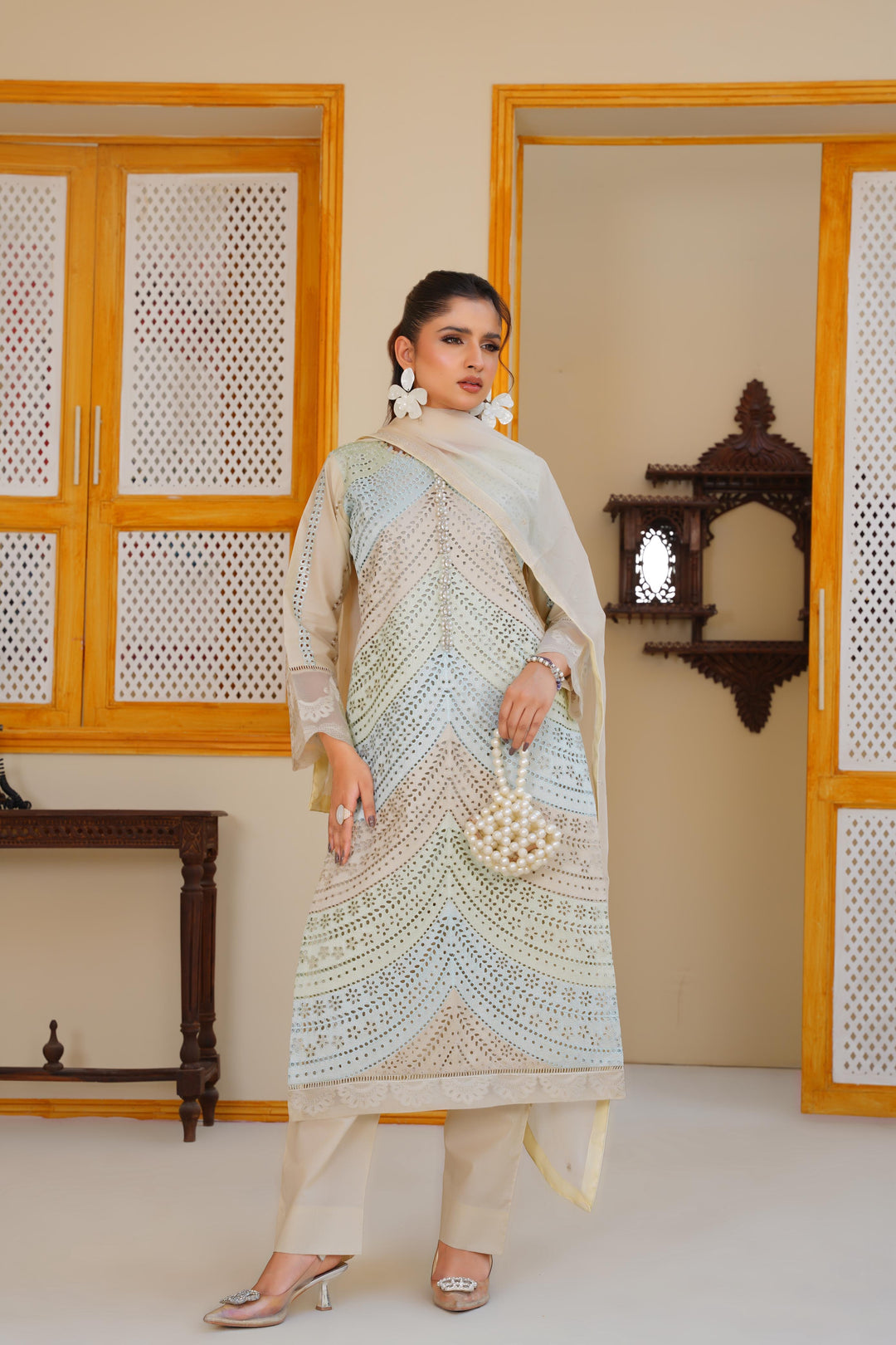 AR04 - Attire Beige Embroidered Chikankari Cotton 3 Piece suit