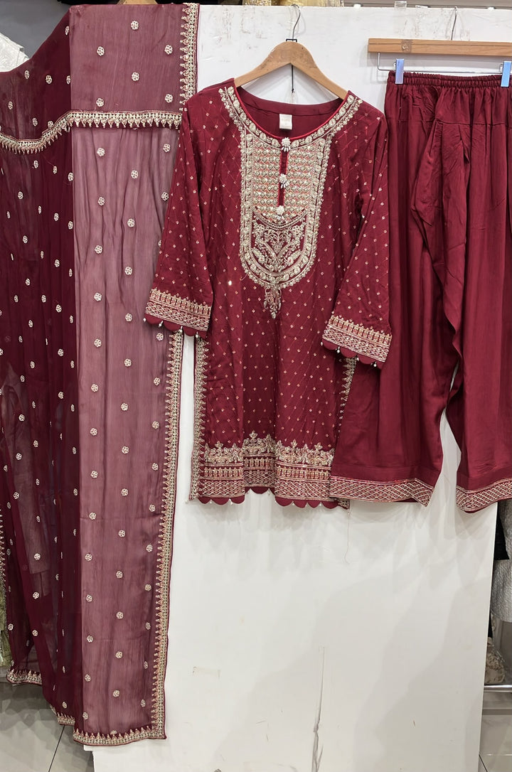 362A- Red Embroidered Silk Farshi Shalwar 3 Piece Suit