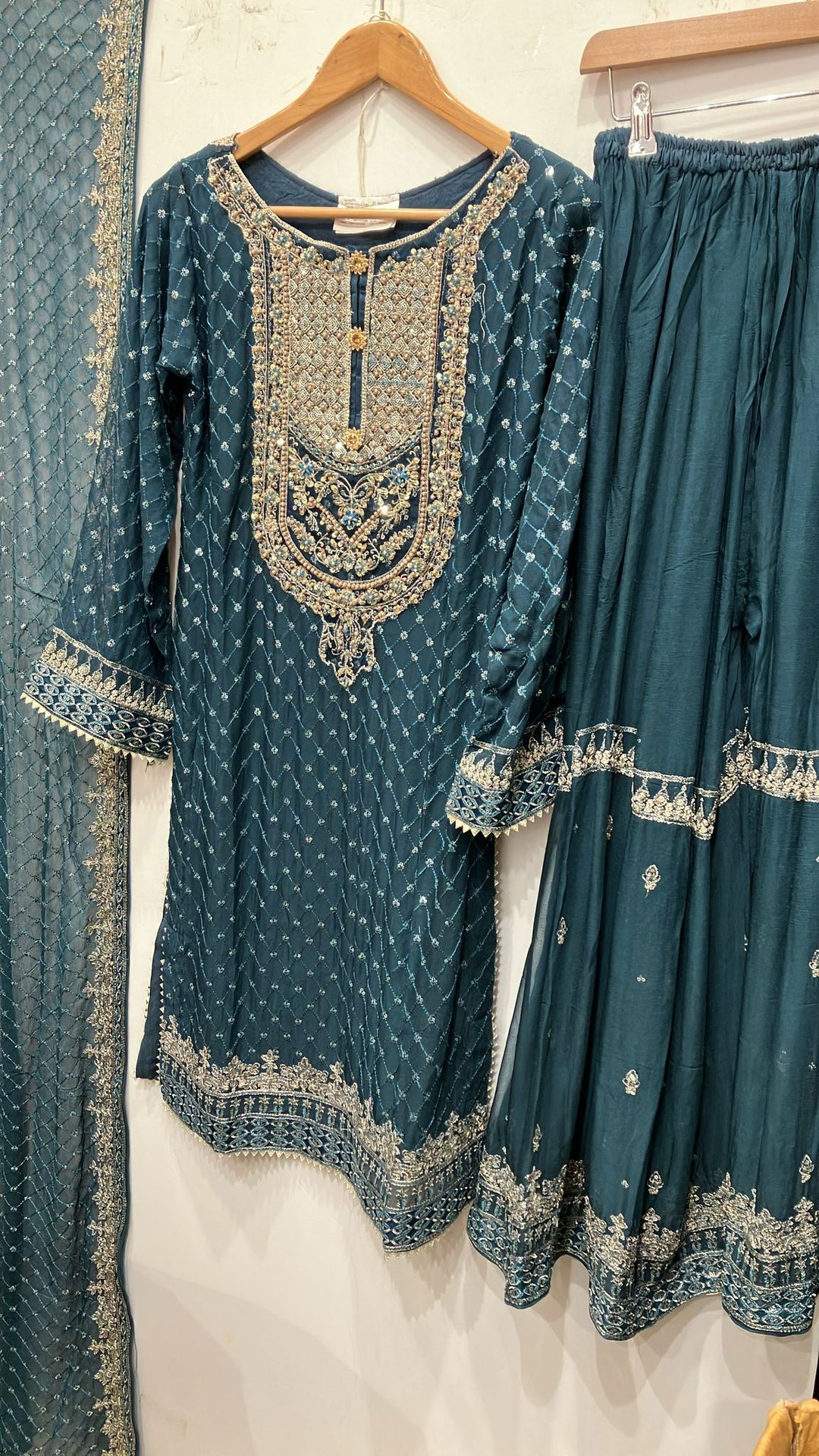 381C - TEAL CHIFFON EMBROIDERED SHARARA SUIT