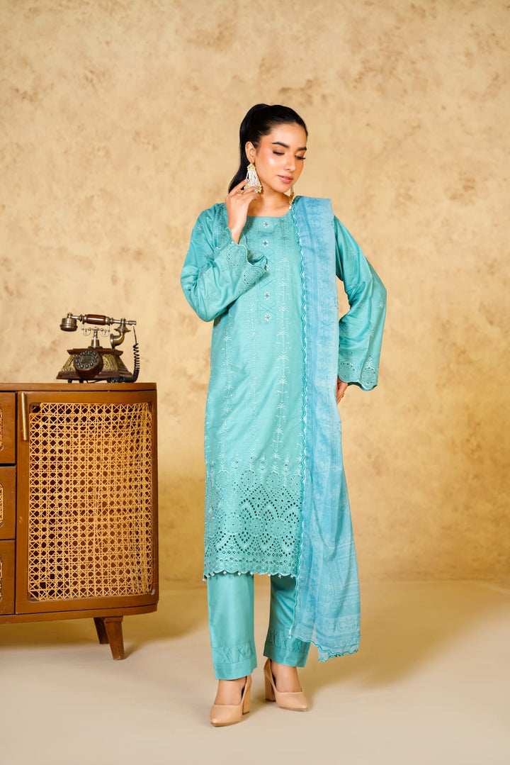 1167A - LIGHT BLUE LINEN CHIKANKARI 3 PIECE SUIT