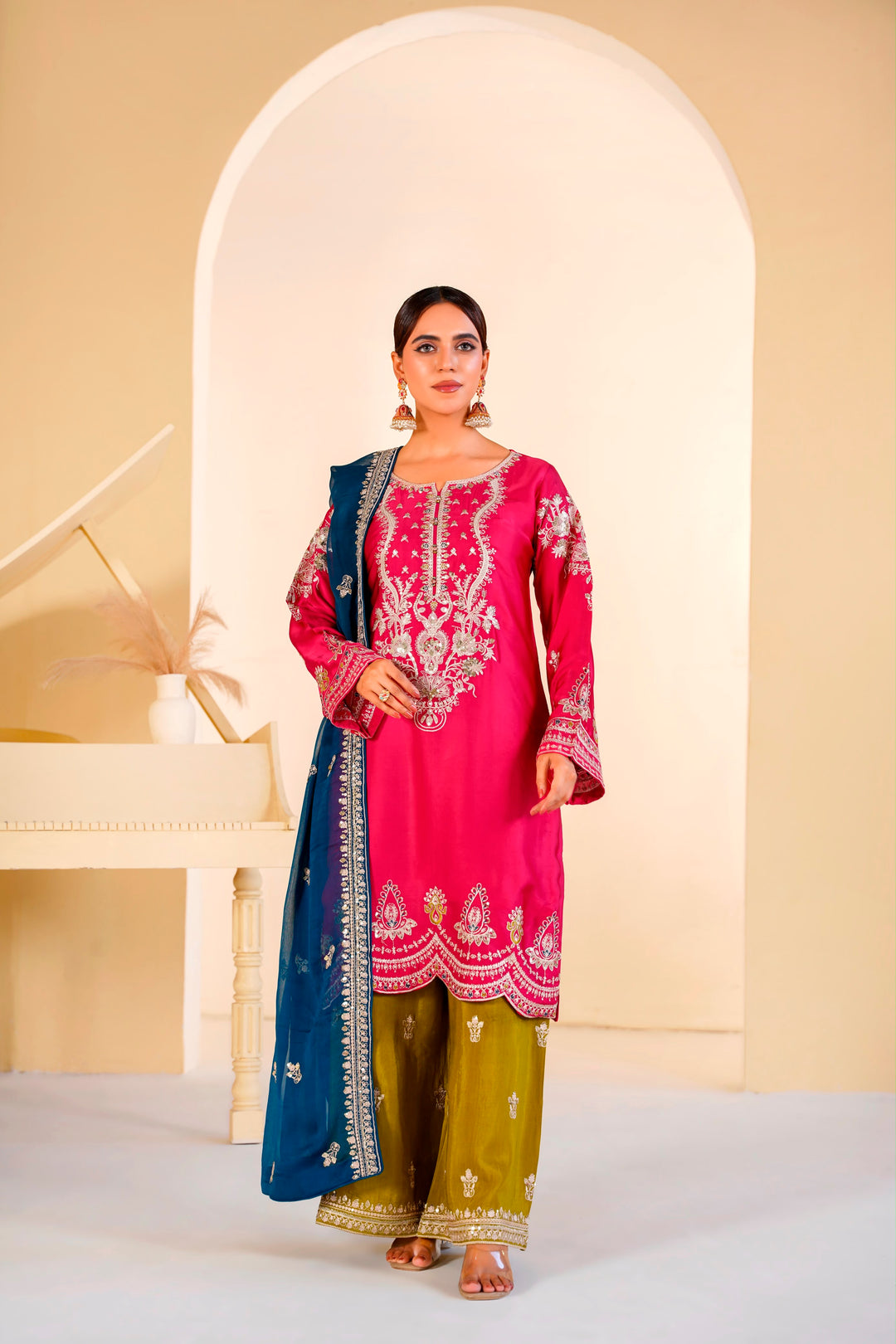 339A - EMBROIDERED SHAMOZ SILK 3 PIECE SUIT
